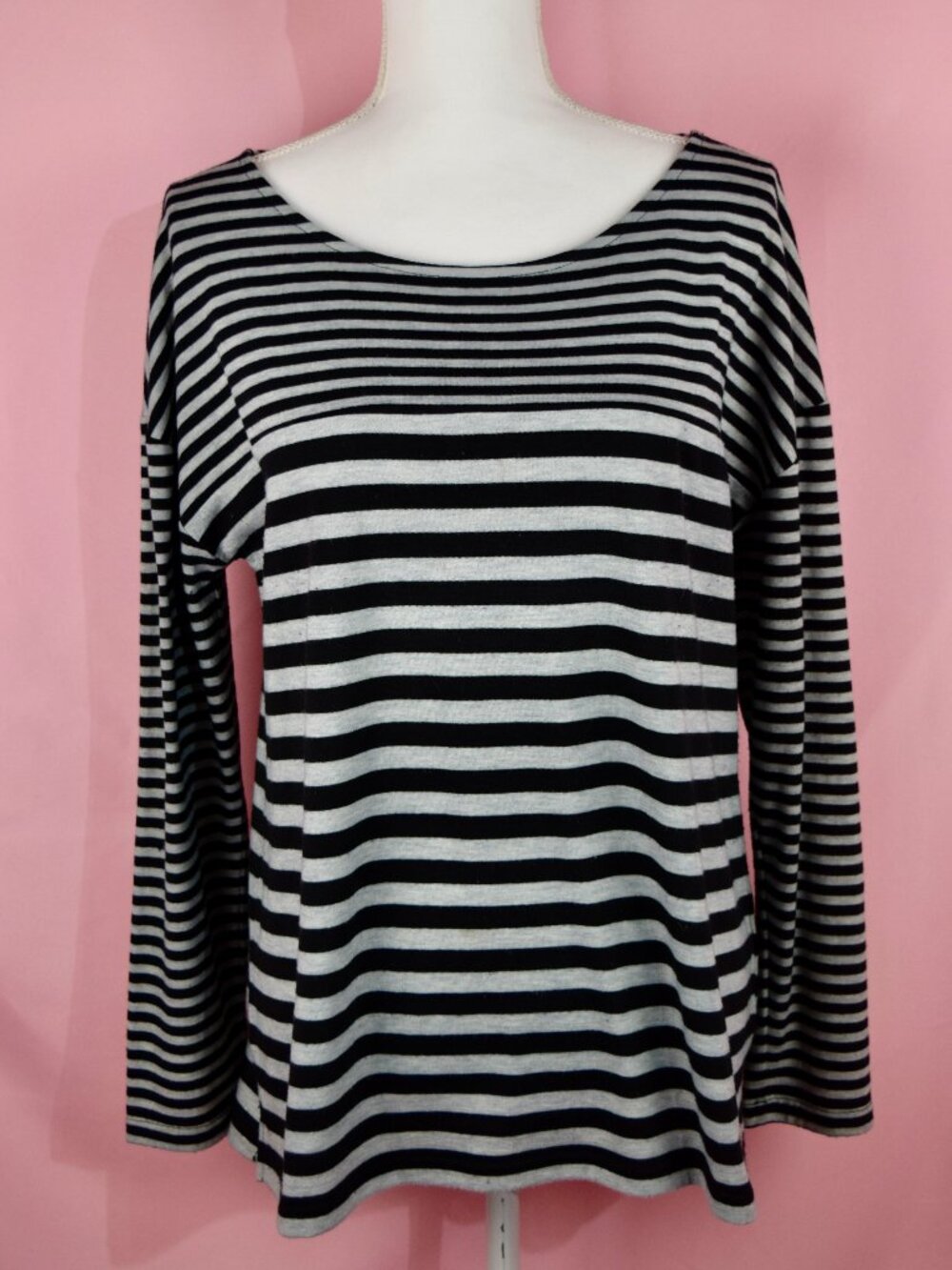 Talbots Black & Grey Horizontal Striped Bateau Neck Top | Size M